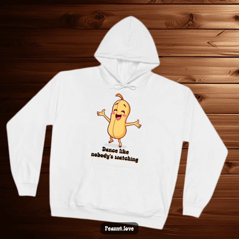 Funny peanut character caught mid-silly dance with exaggerated arm waves, featured on a warm and cozy hoodie.