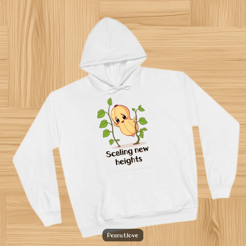 Funny determined peanut character hoodie, illustrating a steadfast climb up a miniature vine.