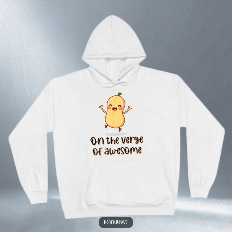 Funny hoodie with a peanut character wiggling its legs in anticipation of a joyful jump, radiating excitement.