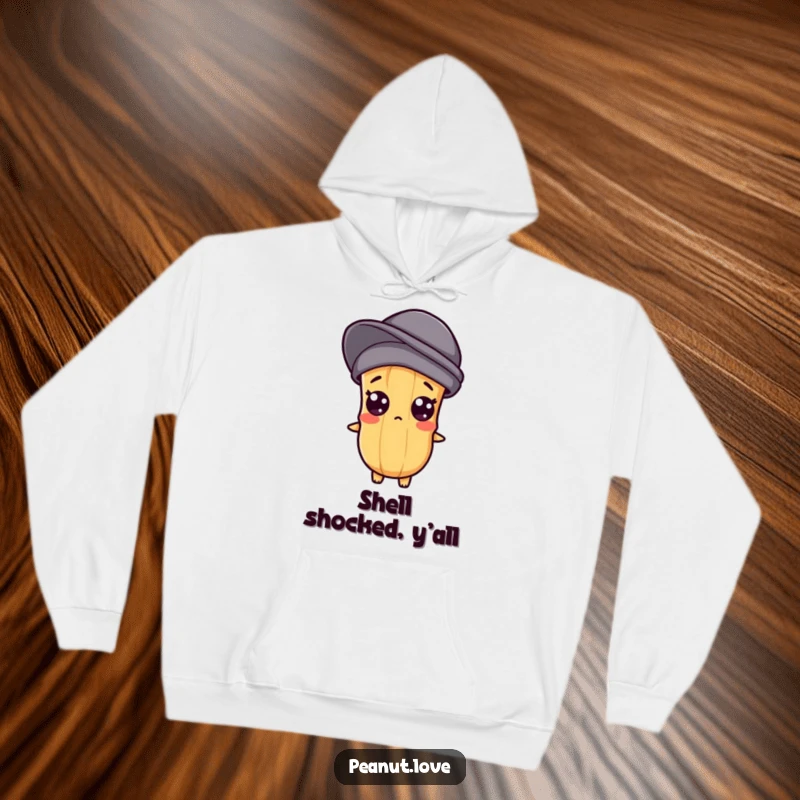 Funny hoodie featuring a Kawaii peanut character with comically popping eyes, symbolizing a state of delightful shock.