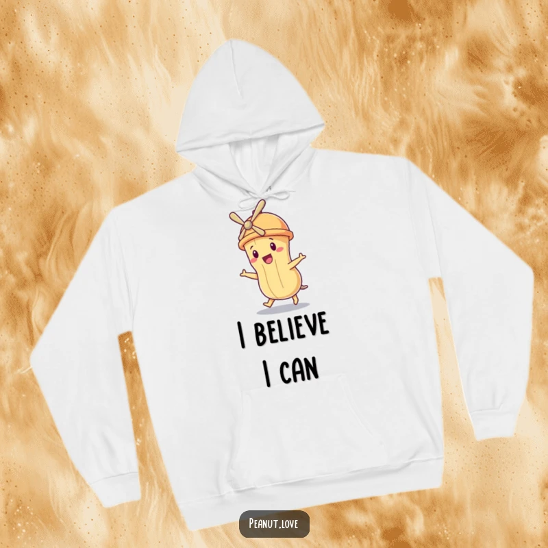 Funny hoodie featuring a peanut character wearing a tiny propeller hat, humorously striving to fly and reach new heights.