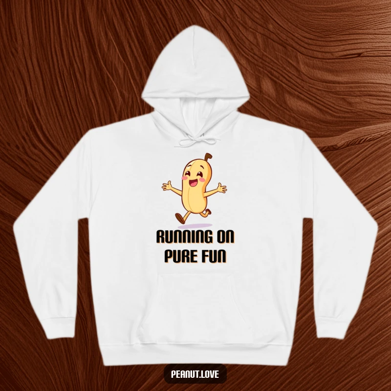 Funny Peanut Dash Hoodie: A joyful peanut running with arms wide, offering warm, funny, and cozy vibes for your adventures.