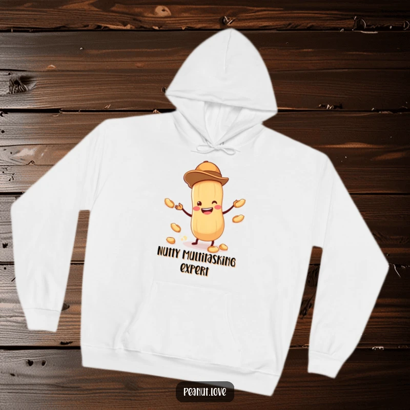 Funny hoodie with a tiny peanut wearing a jaunty hat, expertly juggling smaller peanuts with a wide, beaming smile.