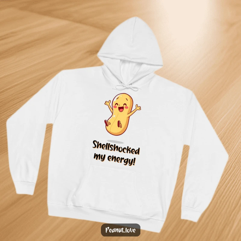 Funny hoodie showcasing an animated peanut character with legs kicking dynamically in the air, radiating excitement and fun.