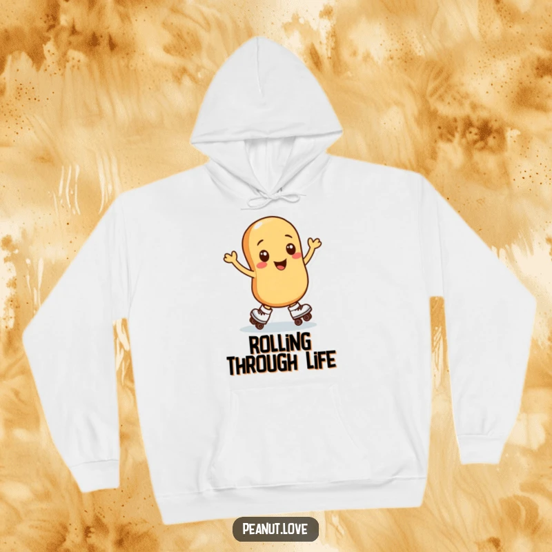 Funny hoodie showcasing a smiling peanut doing a dynamic spin on roller skates, perfect for adding a humorous touch to casual wear.