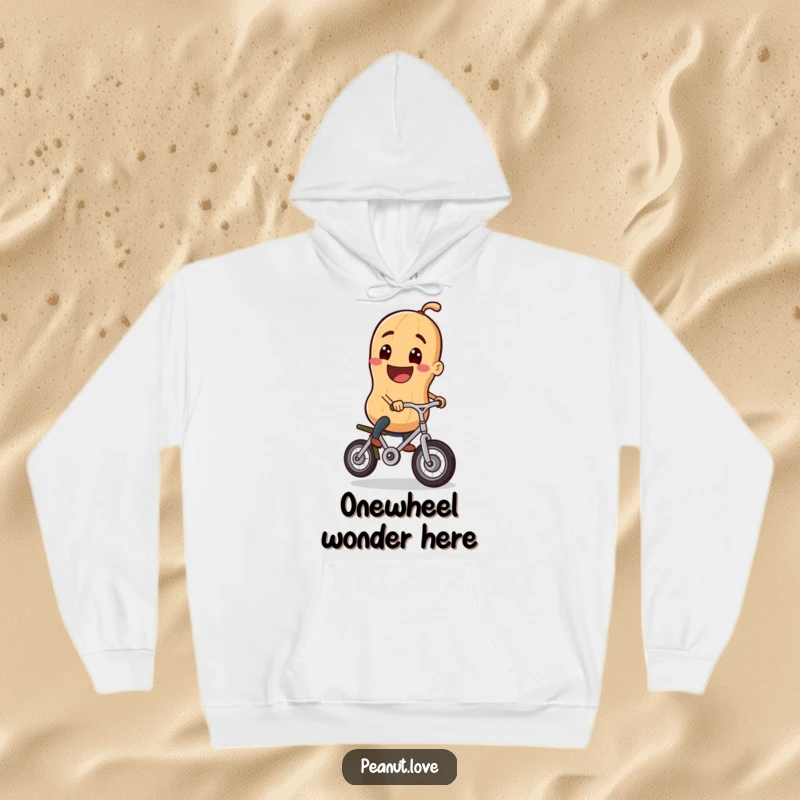 Funny hoodie designed with a cheerful peanut character grinning while riding a tiny unicycle, offering warmth and a dose of lighthearted fun.
