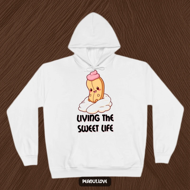 Funny Peanut Whipped Cream Hoodie: A peanut gleefully rolls down whipped cream. Cozy dessert vibes, funny gift.