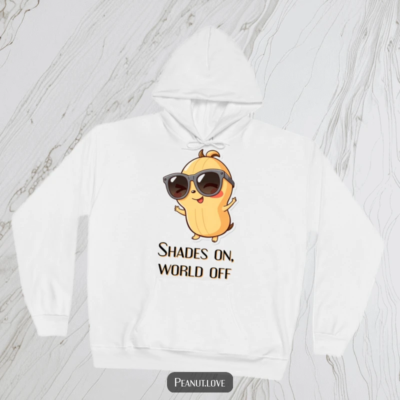 Funny playful peanut hoodie featuring a character with oversized sunglasses winking, perfect for cozy coolness, a stylish funny gift.