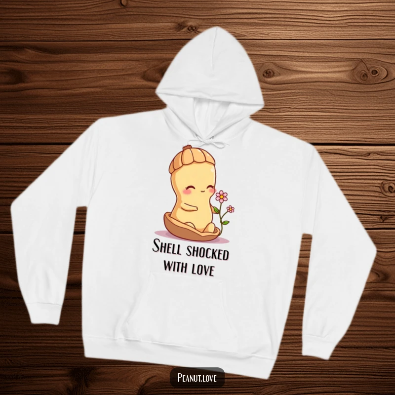 Funny shy peanut character offering a small flower from its shell, featured on a warm and inviting hoodie.