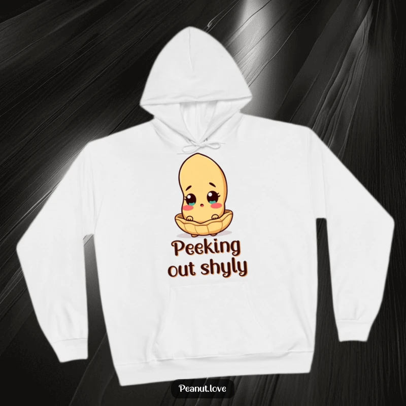 Funny peanut character peeking out from its shell with wide eyes, featured on a cozy hoodie, surprise element.