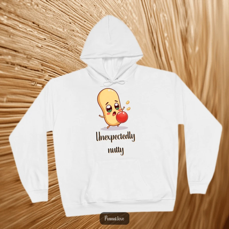 Funny surprised peanut hoodie featuring a character comically dodging a giant jelly bean, cozy and amusing, a funny gift.