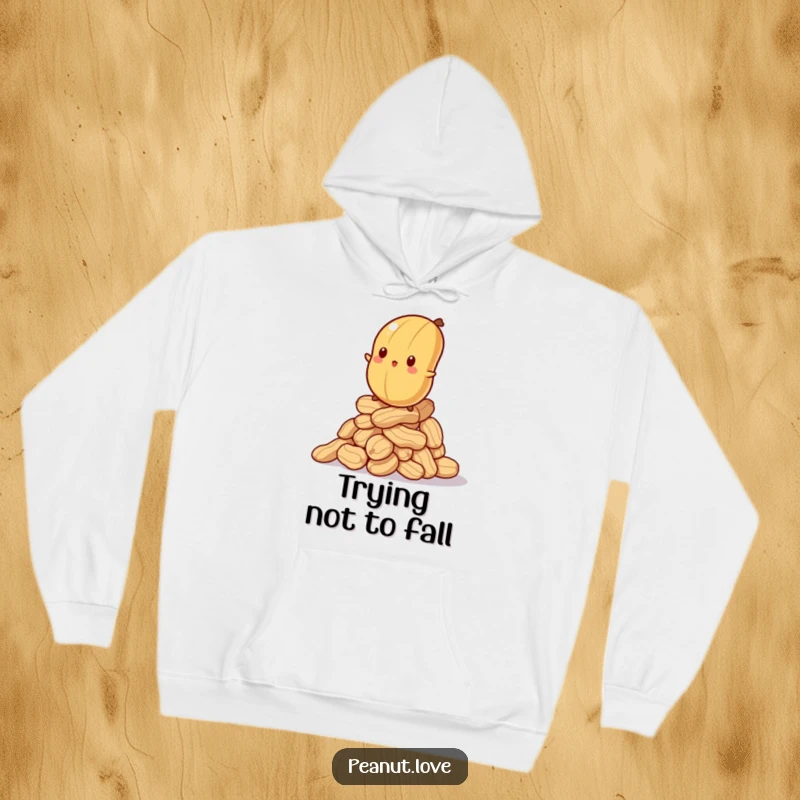 Funny hoodie showing a bewildered peanut struggling to balance on a wobbly stack of peanuts, representing life's challenges humorously.