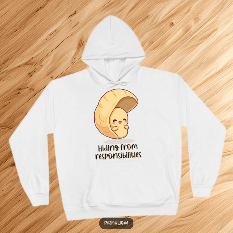 Funny hoodie showing a shy peanut peeking from behind a large peanut shell, with a soft, muffled giggle.