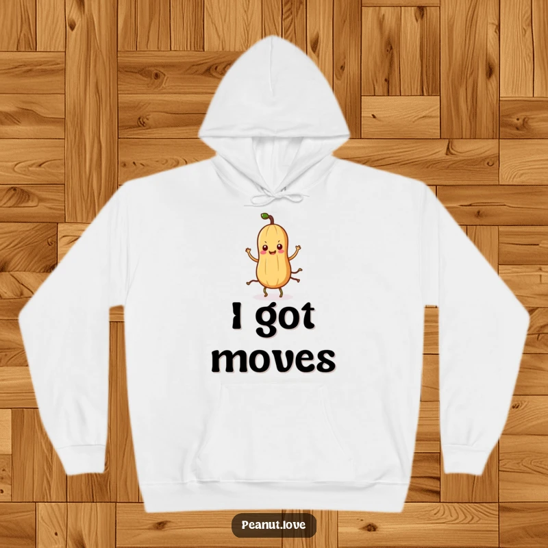Funny Kawaii peanut hoodie with a cute, dancing character featuring leg-like roots, designed for cozy and humorous wear.