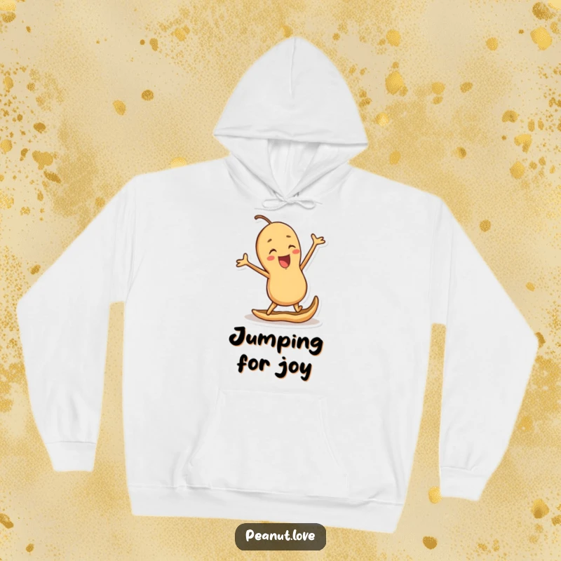 Funny hoodie showing a joyful peanut character enthusiastically jumping within its shell, radiating nutty cheer and cozy comfort.
