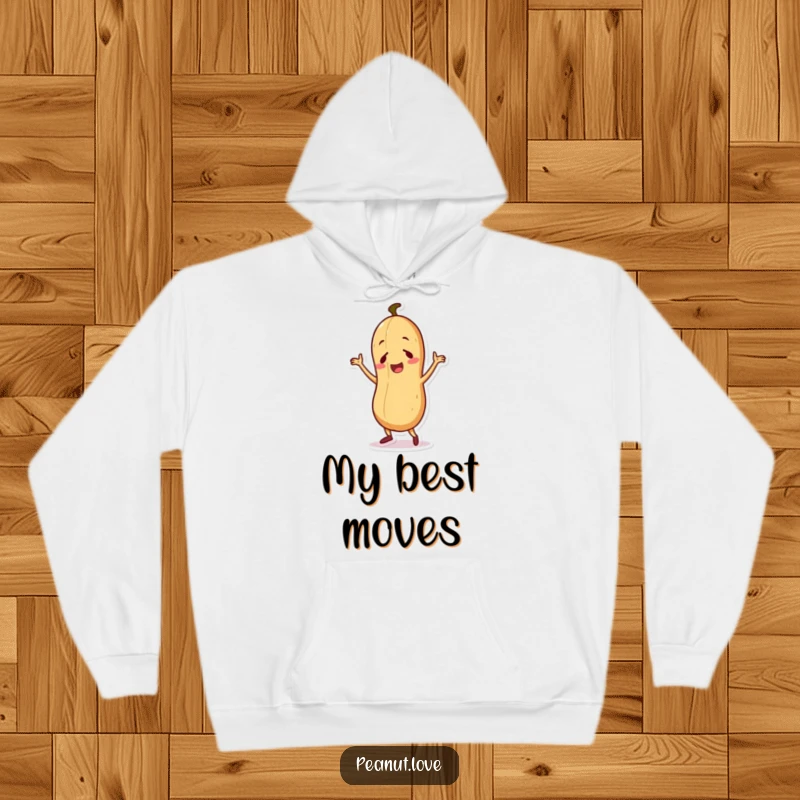 Funny hoodie design of a cute peanut character busting out a goofy, energetic dance routine.