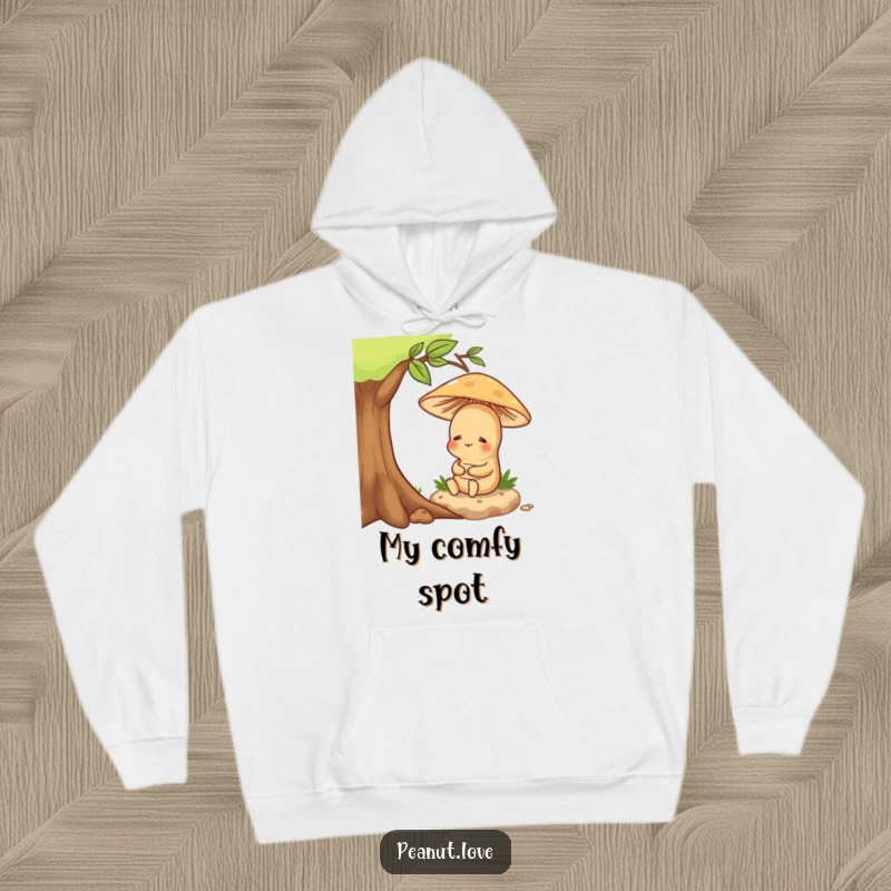 Funny hoodie design of a blissful peanut character enjoying a quiet moment under a mushroom.