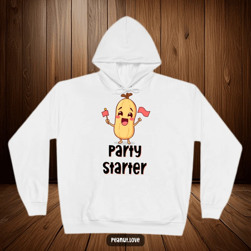 Funny hoodie design featuring an ecstatic peanut character energetically waving a miniature flag.