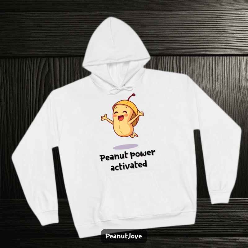 Funny joyful peanut character hoodie design, showing an excited leap within a happy, inviting shell.