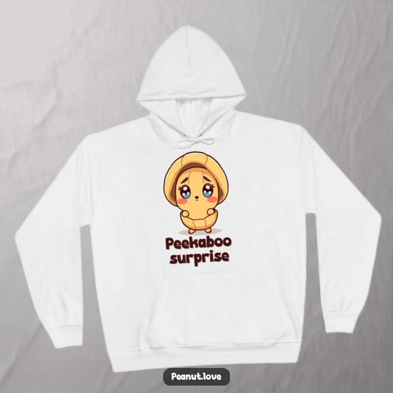 Funny hoodie with a peanut character peeking out of its shell with wide eyes, showcasing a look of surprise.