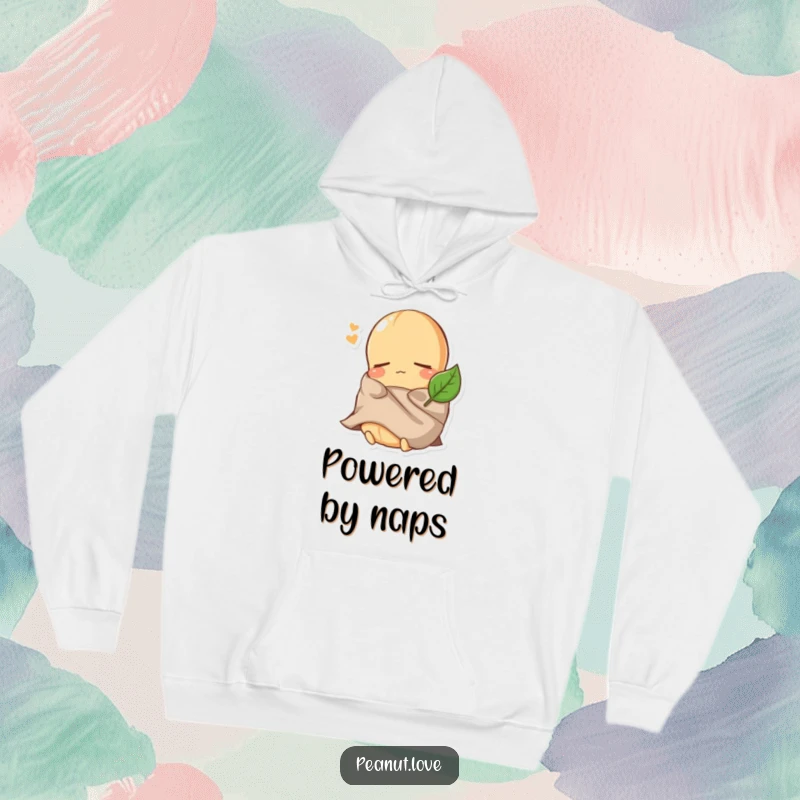 Funny Peanut Hoodie: A soft and warm hoodie featuring a sleepy peanut character comically using a leaf as a blanket.