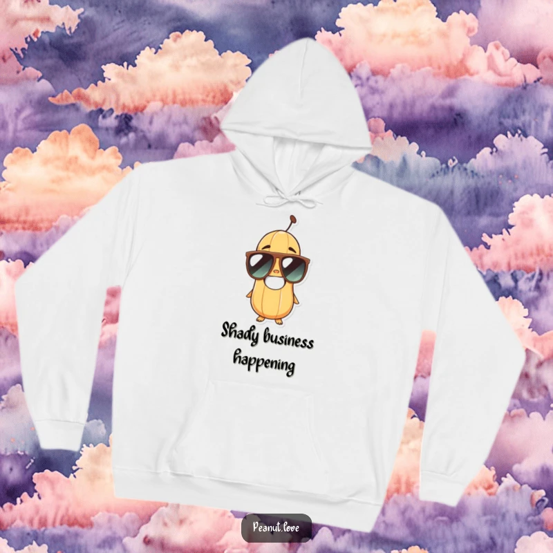 Funny peanut character in oversized sunglasses, beaming with a wide grin, featured on a warm and cozy hoodie.