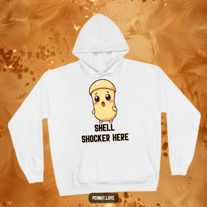 Funny hooded sweatshirt featuring a surprised Kawaii peanut character with a cracking shell, offering comfort and humor.