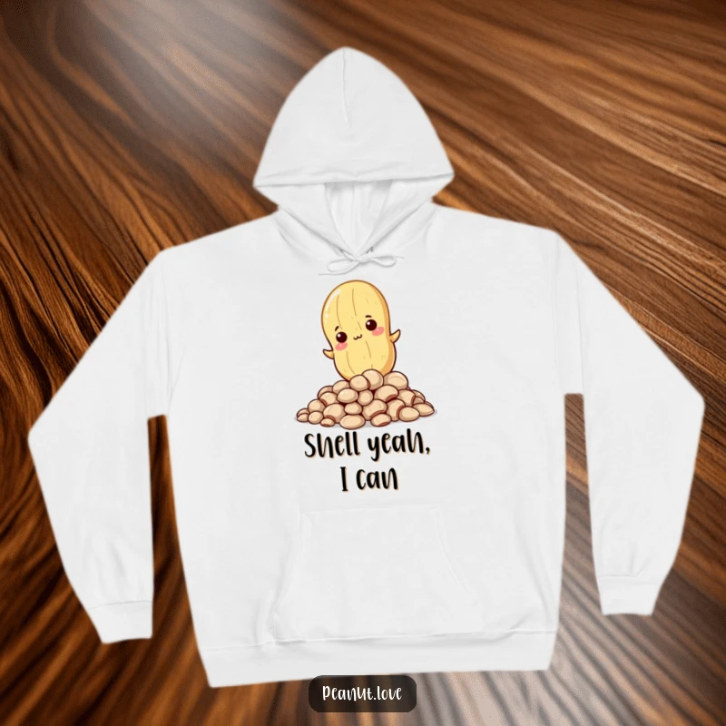 Funny hooded sweatshirt showing a determined Kawaii peanut character climbing, offering warmth and motivational humor.