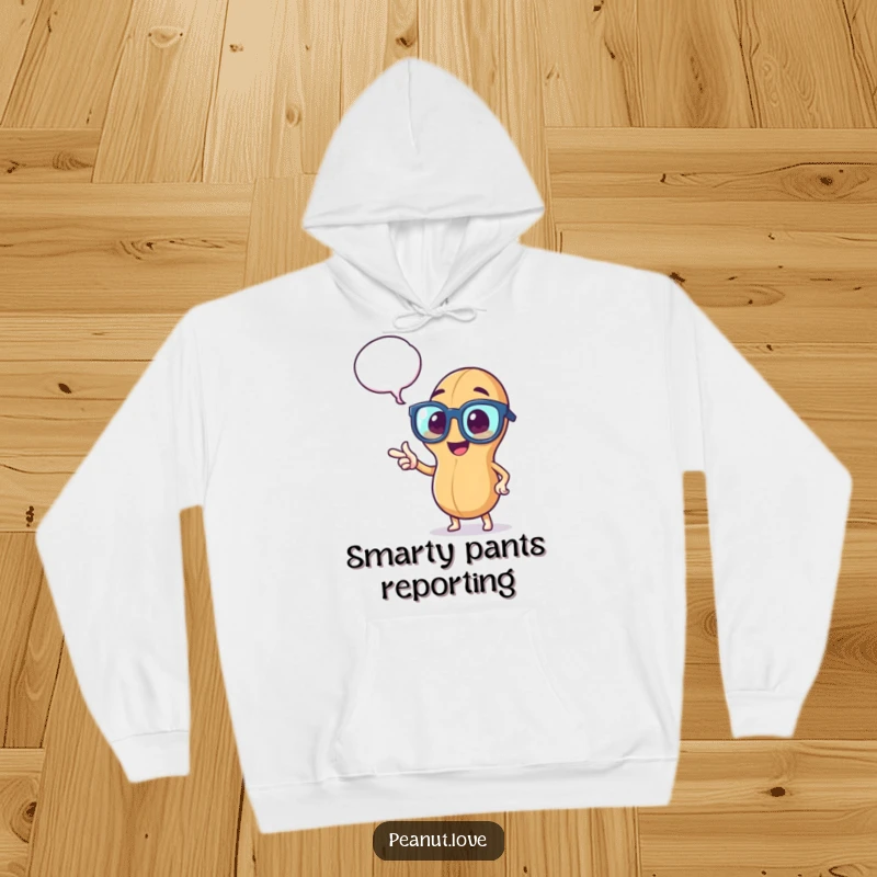 Funny hoodie depicting a peppy peanut wearing large glasses, enthusiastically pointing to a thought bubble, exuding smart humor.