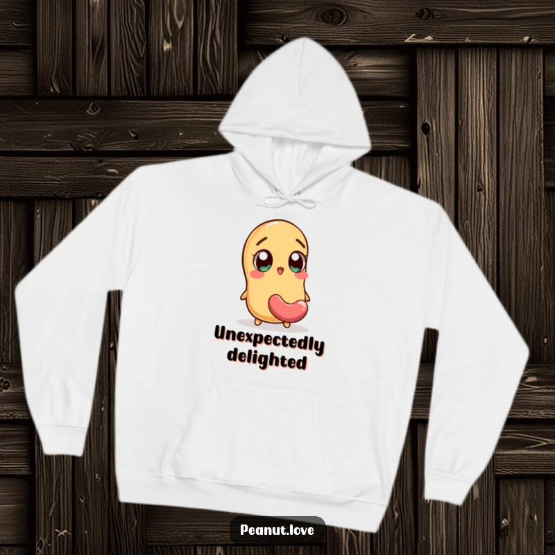 Funny hoodie with an excited peanut character wide-eyed at a falling jellybean, a cozy and humorous design for candy fans.