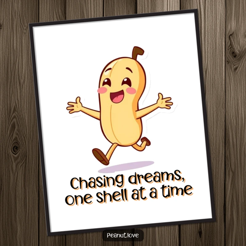 Funny Free Printable Wall Art: A peanut character excitedly runs with arms outstretched, chasing something fun, conveying pure joy and energy.