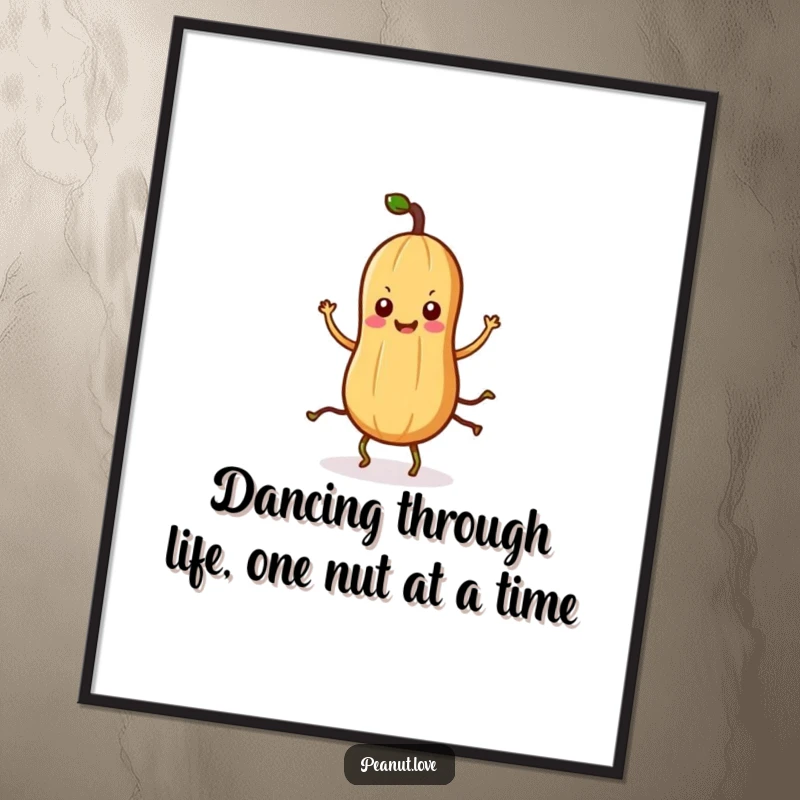 Funny Free Printable Wall Art: A kawaii peanut character with root legs captured mid-silly dance, bringing vibrant energy.
