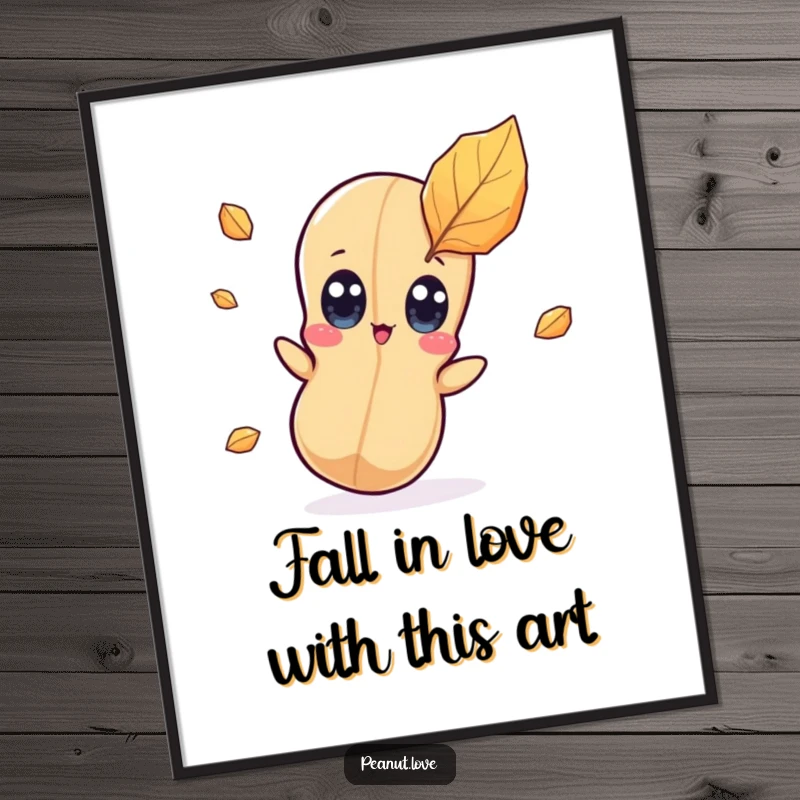 Funny Free Printable Wall Art: Kawaii peanut character with wide, astonished eyes reacting to a falling leaf, capturing a moment of surprise.