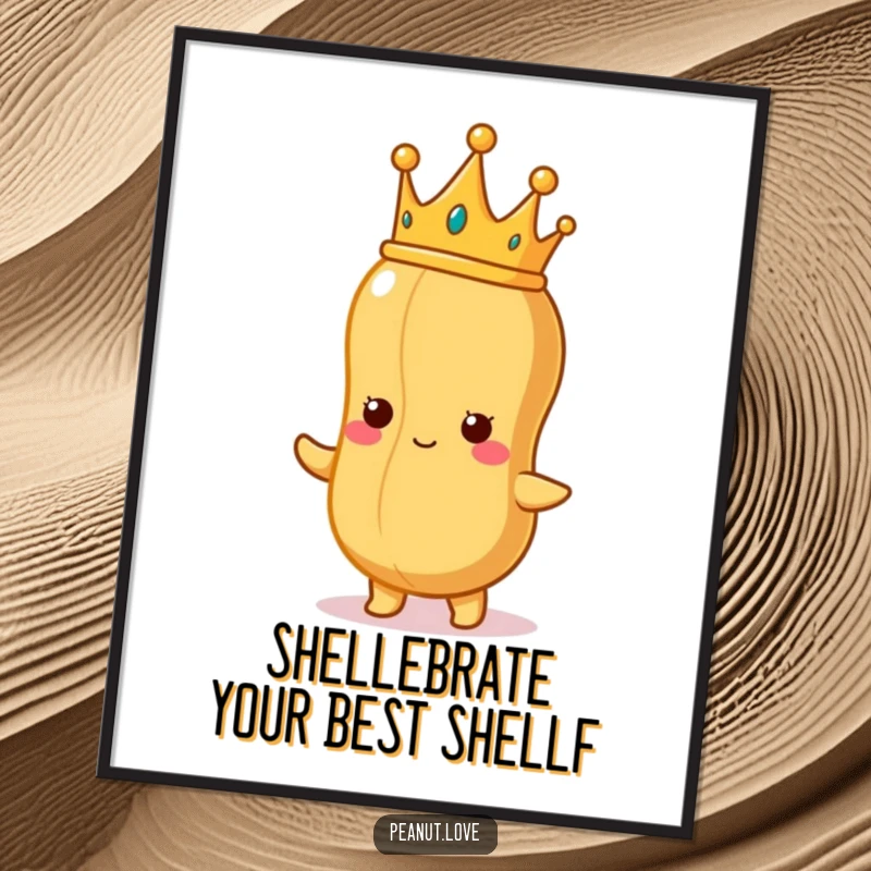 Funny Free Printable Wall Art: A peanut character wearing a tiny crown looks proudly at a perfectly formed peanut shape, regal and humorous.