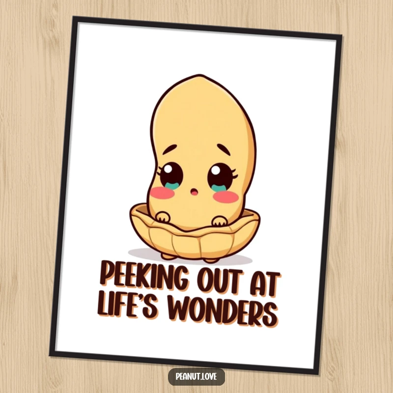 Funny Free Printable surprised peanut character peeking out from its shell, offering a curious and humorous gaze. Quirky art.