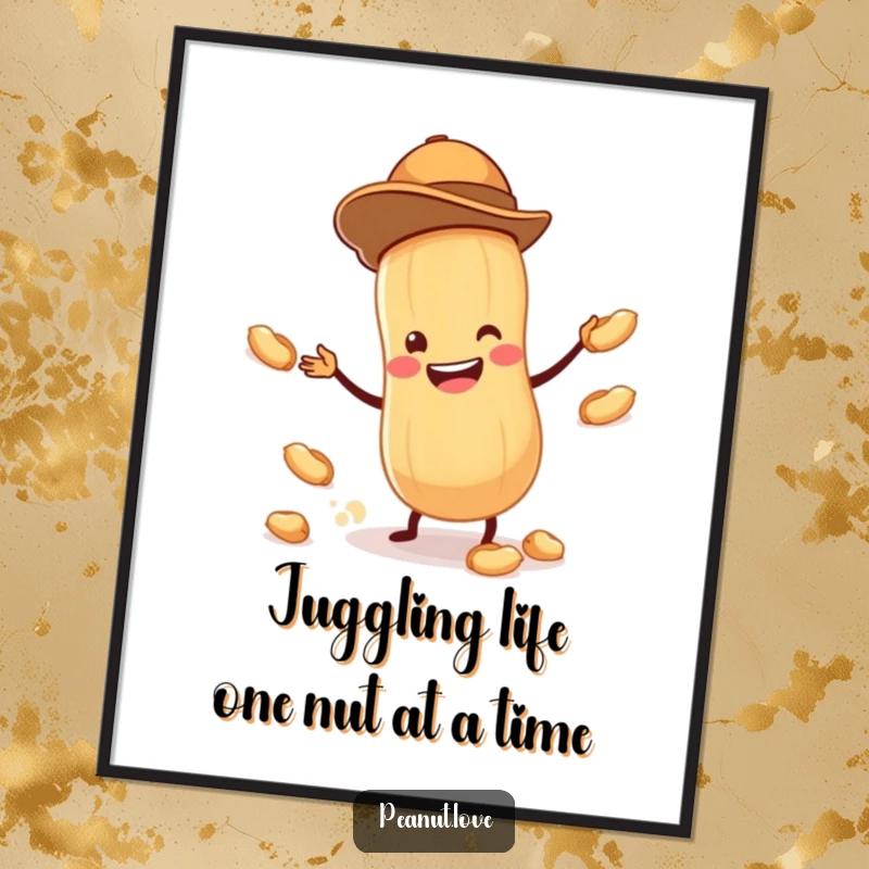 Funny Free Printable Wall Art: Tiny Peanut in Hat Juggling Peanuts with a Huge Grin, Adding Joyful Whimsy to Decor.