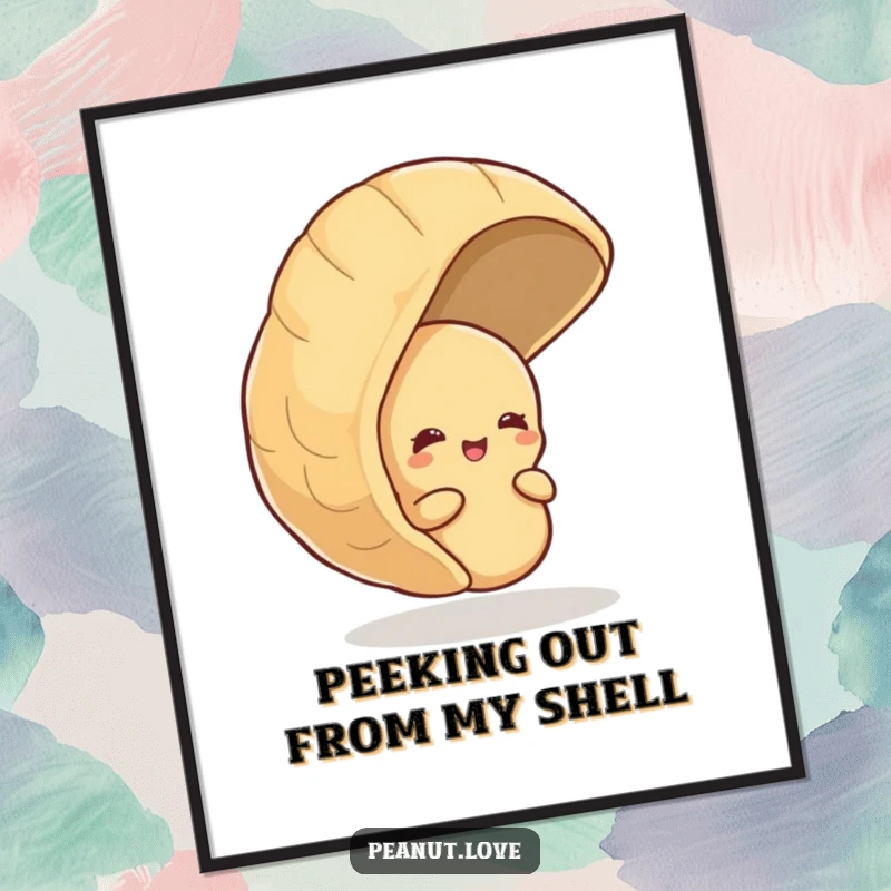 Funny Free Printable Wall Art: Shy Peanut Peeking from Giant Shell, Giggling Sweetly, Adding Cute Humor to Decor.