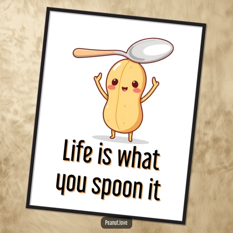Funny Free Printable Wall Art: A peanut character humorously balances a giant spoon on its head, creating quirky and amusing decor.