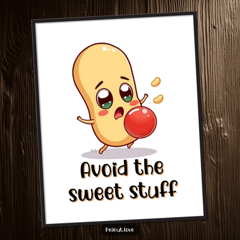 Funny Free Printable Wall Art: Surprised peanut character with wide eyes, comically dodging a giant falling jelly bean, adding quirky humor to decor.