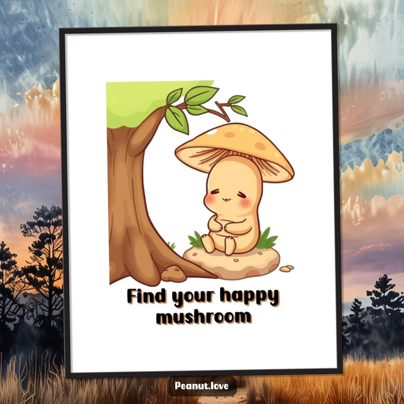 Funny Free Printable Wall Art: Contented peanut resting peacefully under a whimsical mushroom, calming and humorous downloadable art.