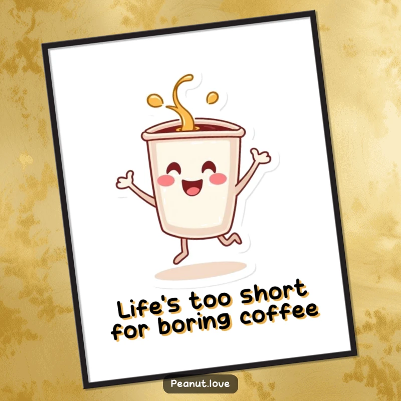 Funny Free Printable Wall Art: A smiling coffee cup character dancing energetically, spilling a little for vibrant decor.