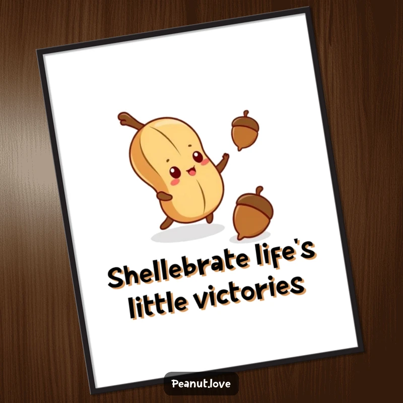 Funny Free Printable Wall Art: Determined kawaii peanut stretching for a falling acorn, a humorous and quirky piece of downloadable art.
