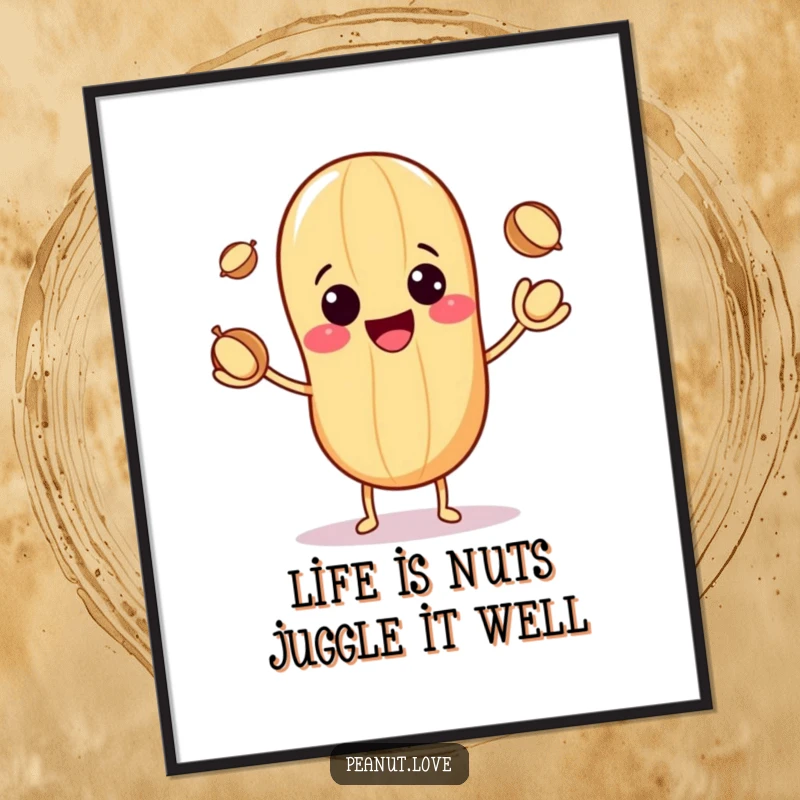 Free Printable Wall Art: Cute kawaii anthropomorphic peanut character with a big smile, juggling three small nuts.