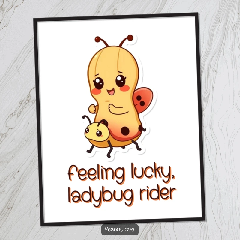Funny Free Printable Wall Art: A happy Kawaii peanut character gleefully riding a ladybug through a whimsical scene.