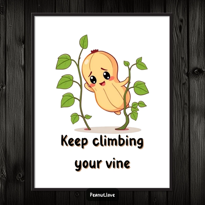 Funny Free Printable Wall Art: Determined peanut character actively climbing a small vine, representing perseverance and effort.