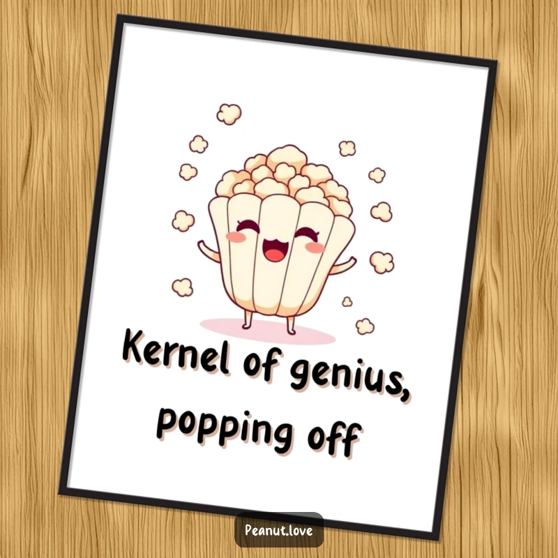 Funny Free Printable Wall Art: A popcorn kernel character comically popping with surprise, scattering kernels for humorous decor.