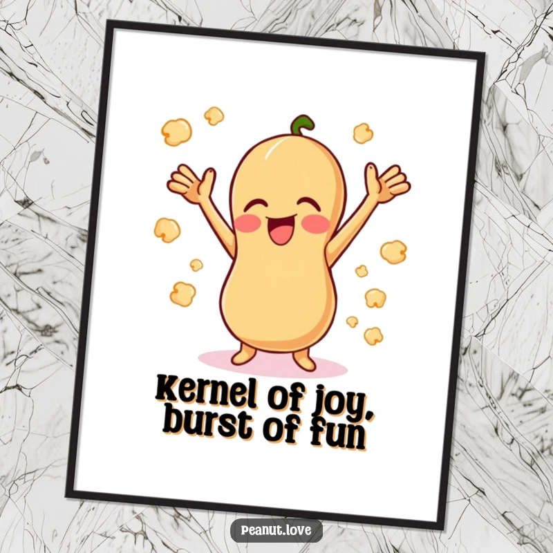 Funny Free Printable Wall Art: Giggling peanut with arms raised in delight, surrounded by popcorn.