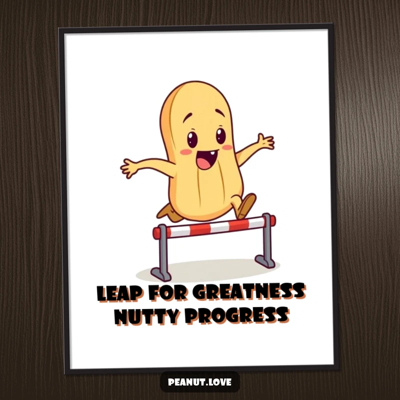 Free Printable Wall Art: Comical anthropomorphic peanut character energetically leaping over a tiny hurdle with a determined grin.