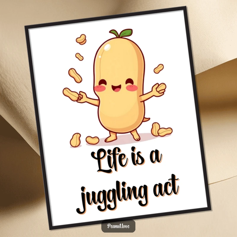 Funny Free Printable Wall Art: An anthropomorphic Kawaii peanut adorably juggling smaller peanuts, adding whimsy.