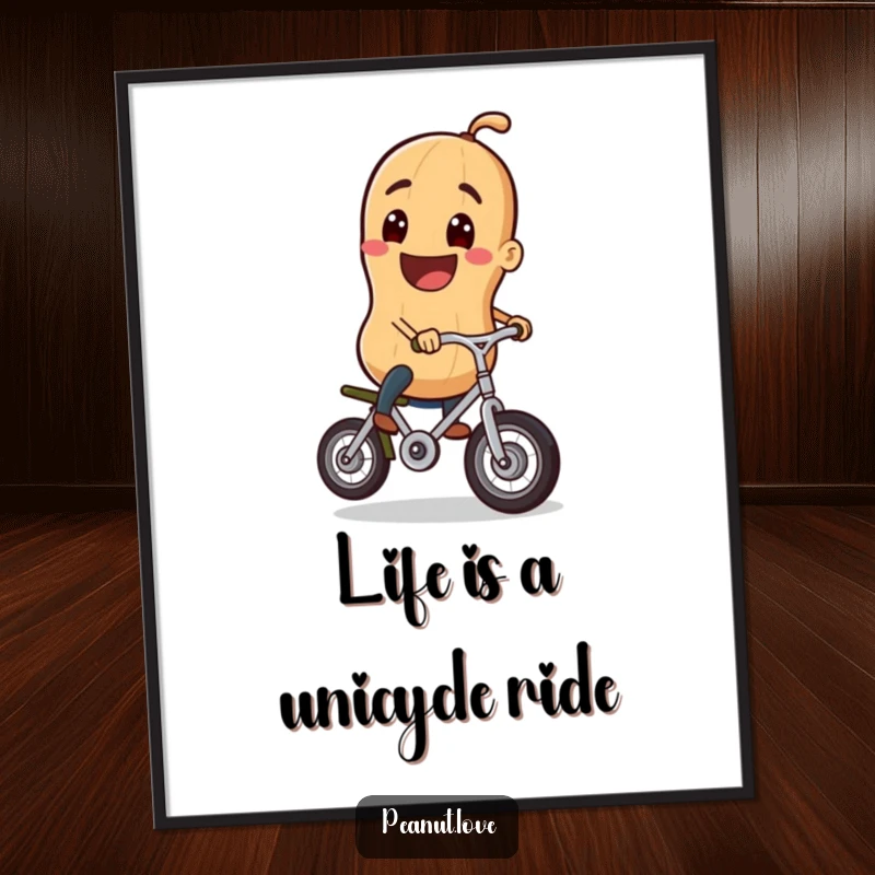 Funny Free Printable Wall Art: A Peanut with a Cheerful Grin Riding a Tiny Unicycle